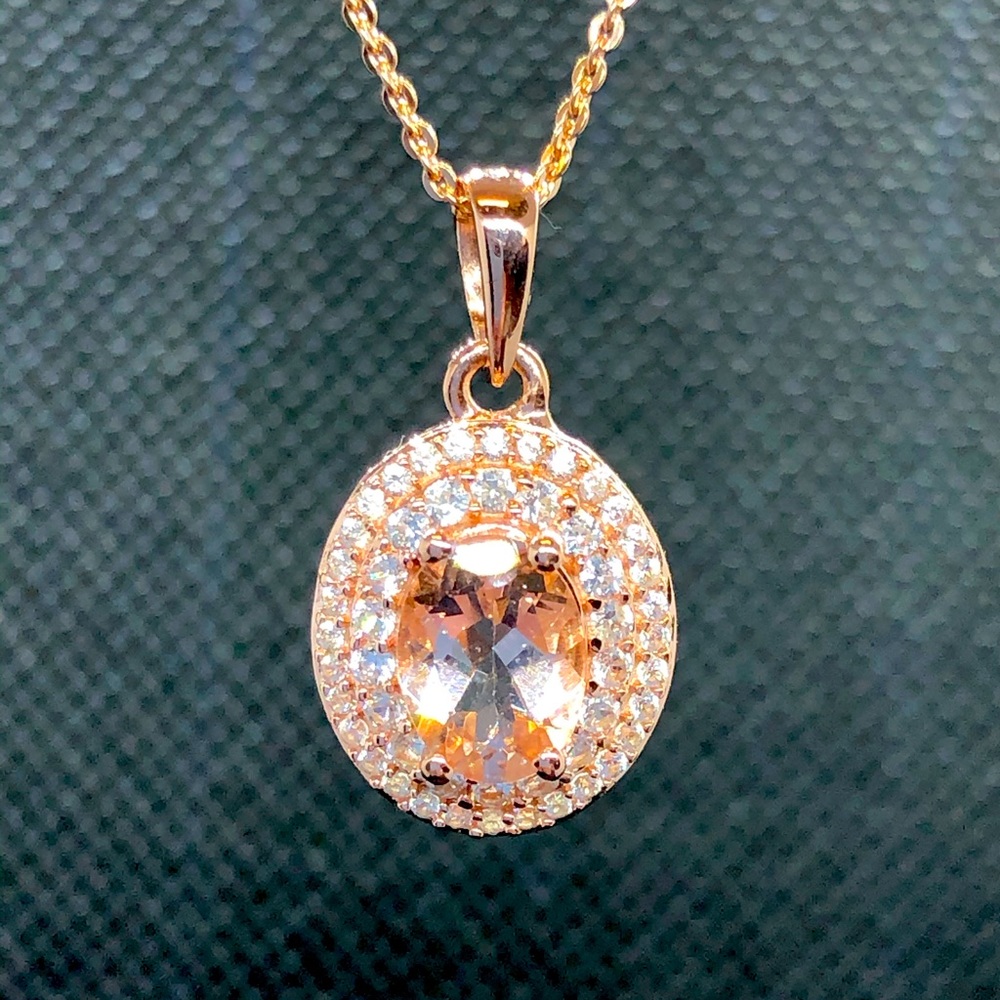 37.) New Rare Morganite & Diamond Double Halo Pendant Necklace